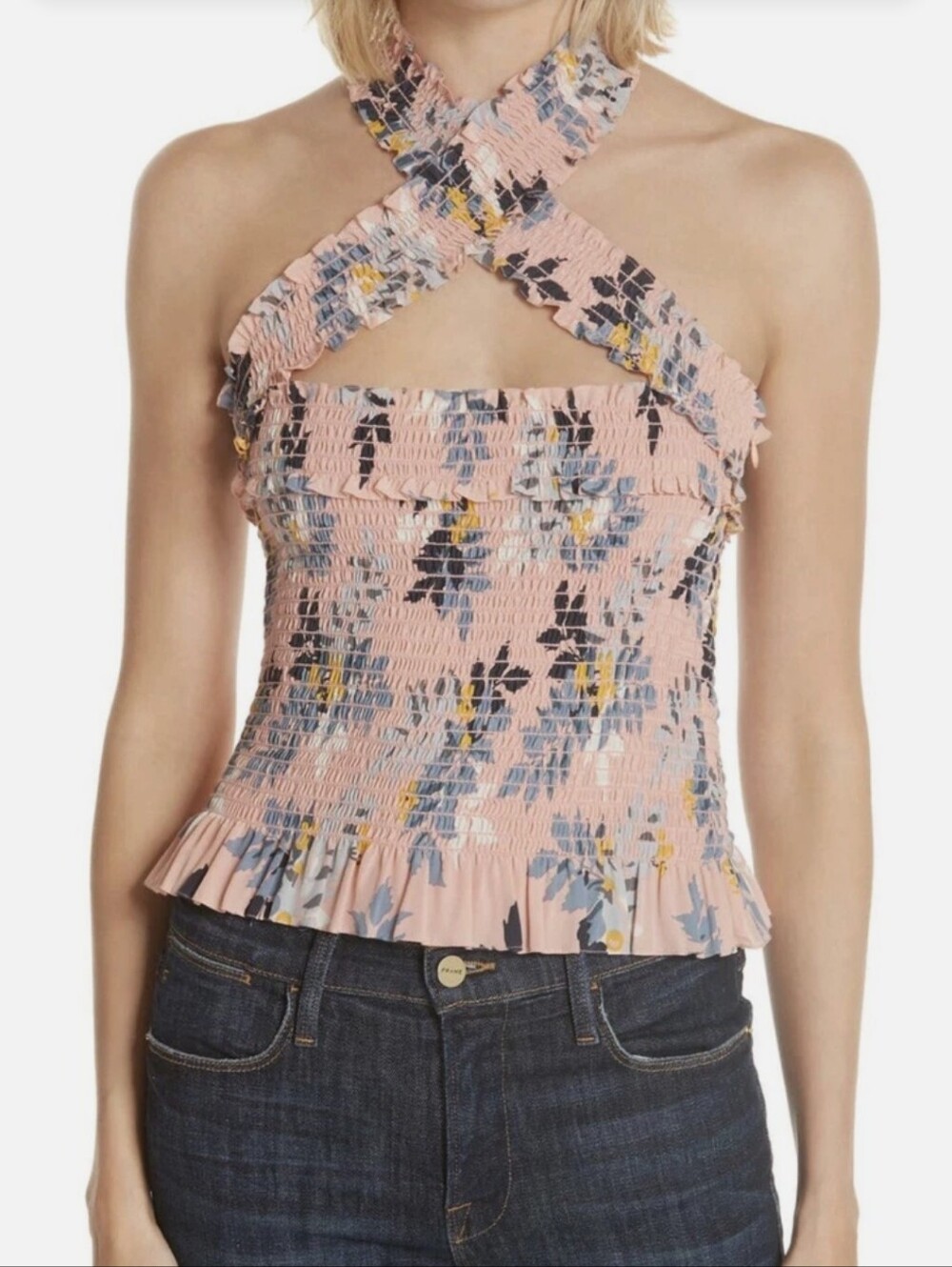 cinq a sept Pink Floral Smocked Crisscross Halter Top